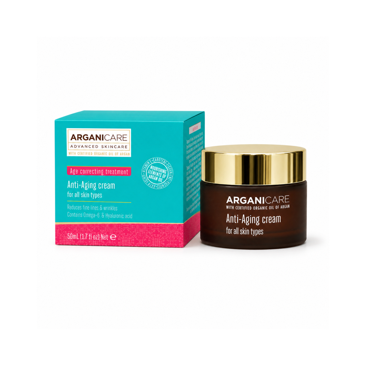 Cremă anti-rid ARGANICARE 50 ml cu ulei de argan, prezentată alături de cutie