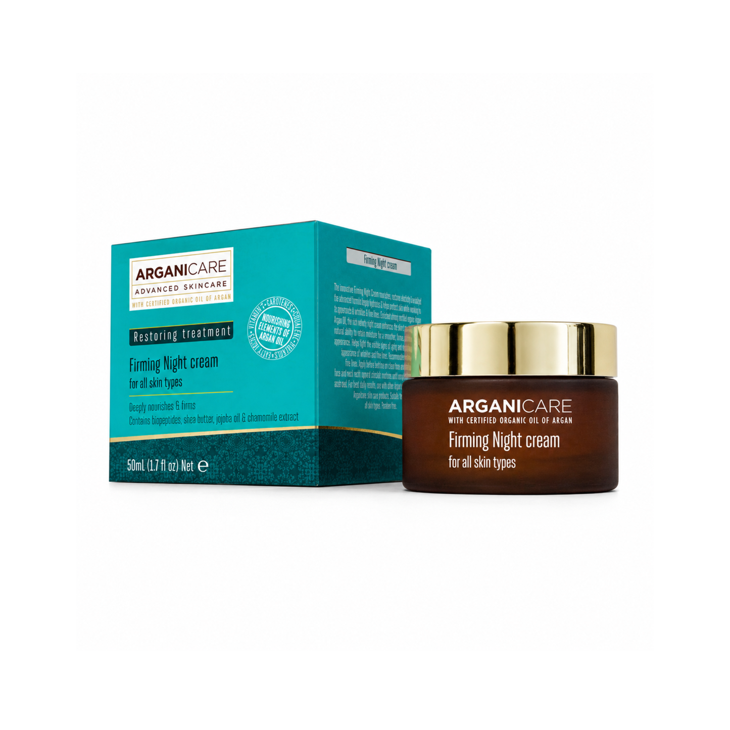 Cremă de noapte fermitate și anti-rid ARGANICARE 50 ml cu ulei de argan, prezentată alături de cutie