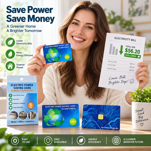 Persoană ținând cardul economizator de energie și o factură redusă la energie electrică