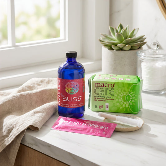 Pachet intim suport menopauza cu solutie nanocoloidala bliss, gel intim echilibrant si absorbante cu banda anion.