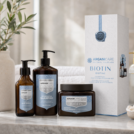 Pachet Trio Biotină ARGANICARE cu șampon, mască și ser într-un decor lifestyle