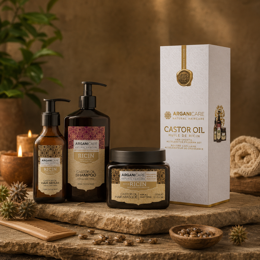 Pachet Trio cu ulei de ricin pentru creștere și fortifiere ARGANICARE, prezentat în decor lifestyle