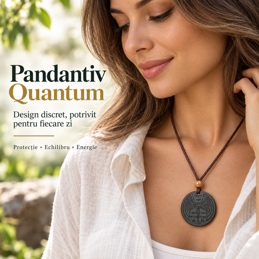 Pandantiv Quantum Simbol purtat la gât, design discret și elegant