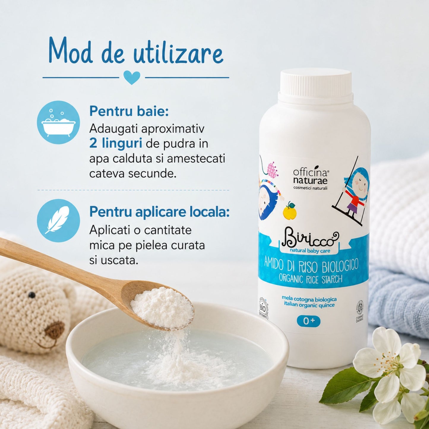 Pudră cu amidon de orez bio pentru bebeluși - mod de utilizare în baie și aplicare locală