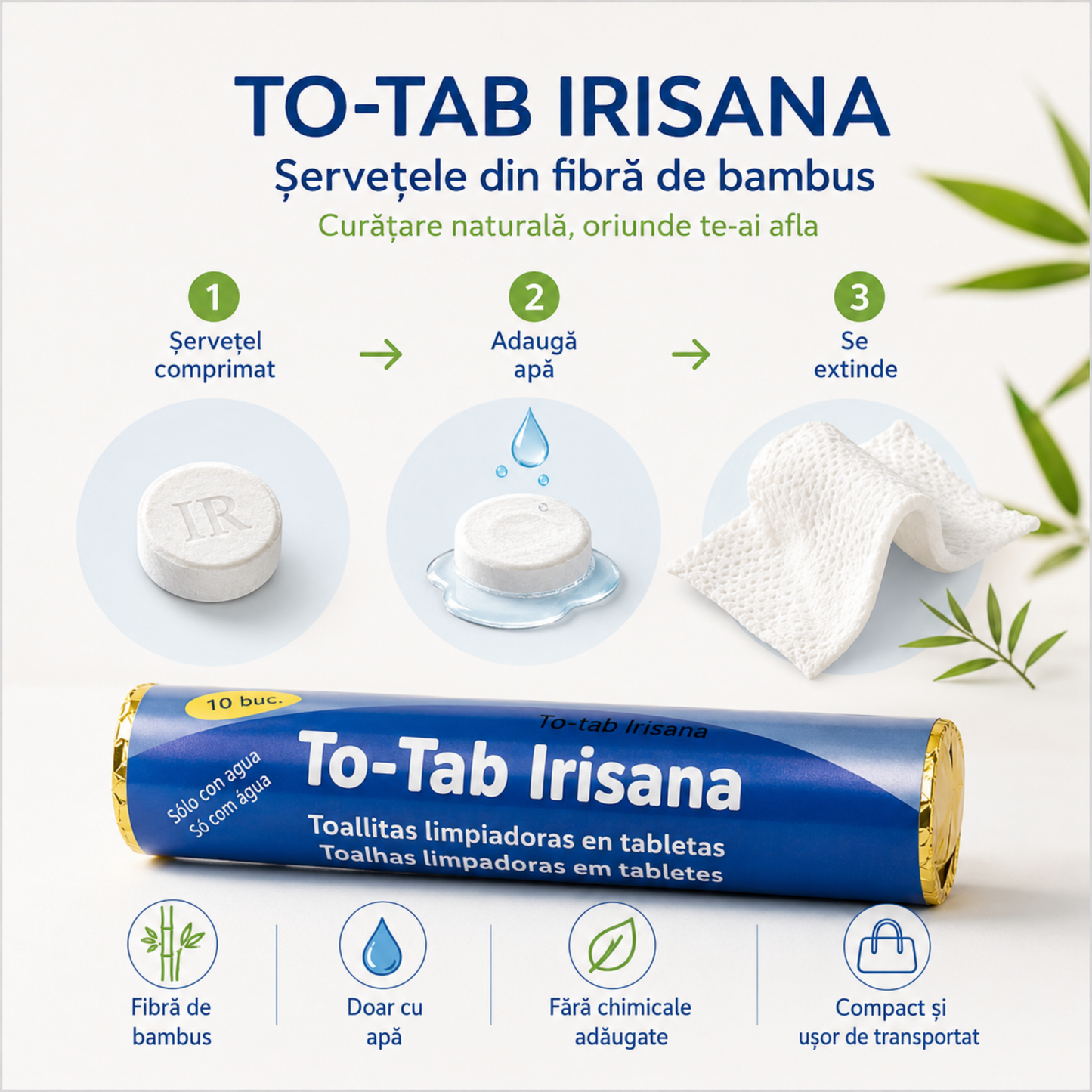 Mod de utilizare șervețele comprimate To-Tab Irisana din bambus, se activează cu apă și se extind