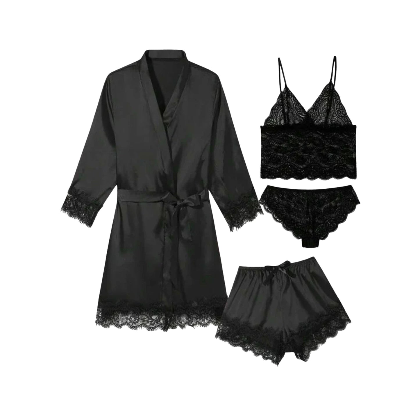 Set halat și pantaloni scurți din satin cu top și chiloți din dantelă