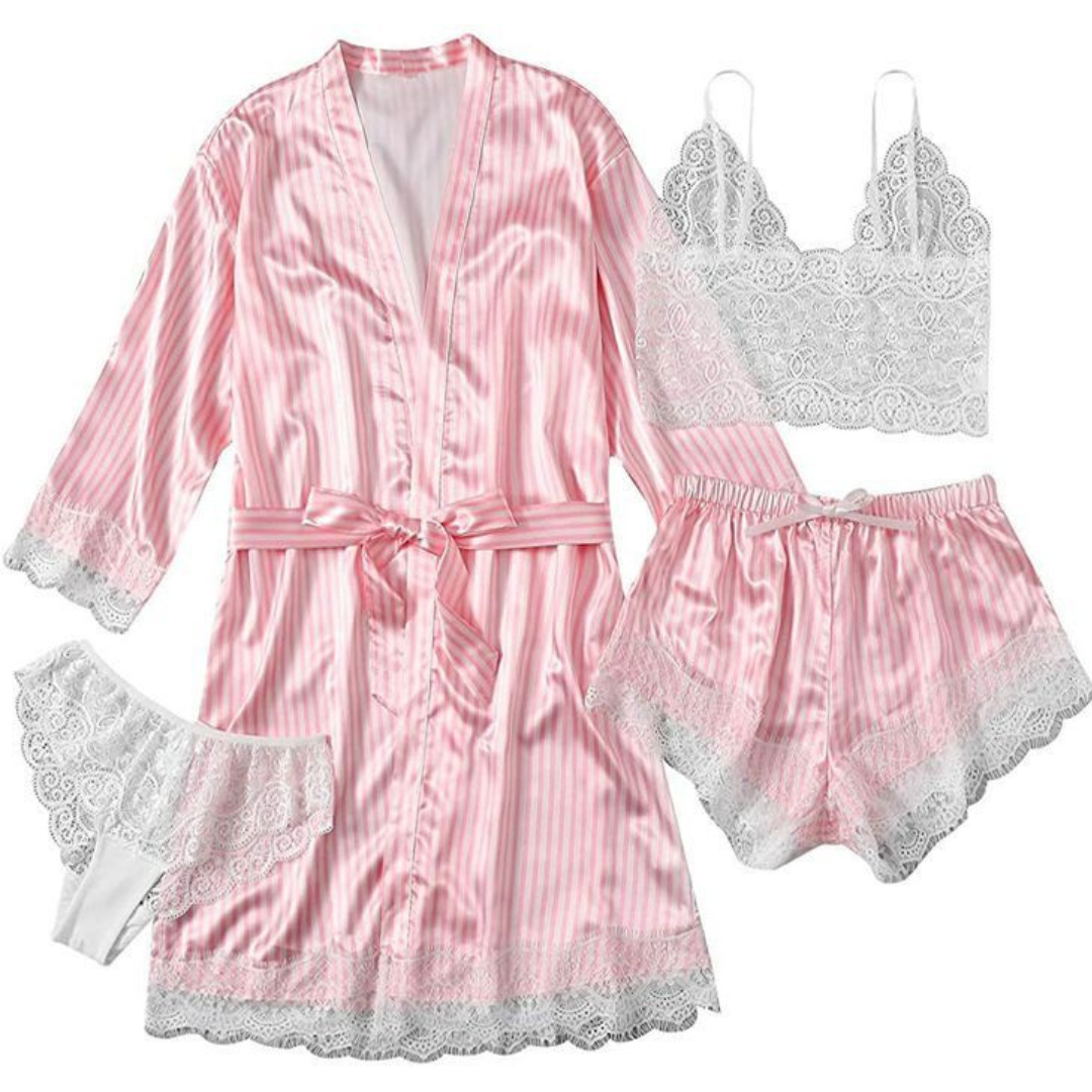 Set halat și pantaloni scurți din satin cu top și chiloți din dantelă