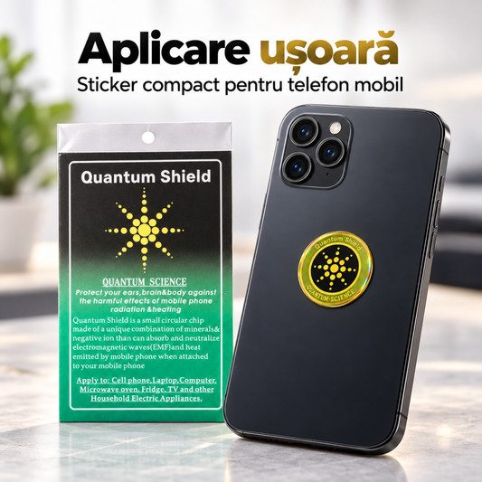 Sticker Quantum Shield aplicat pe telefon mobil, design discret și compact