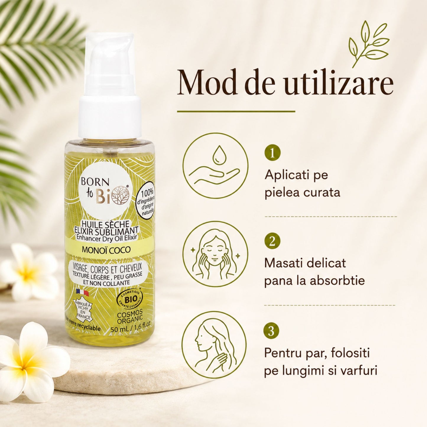 Ulei uscat bio cu Monoi și Cocos - mod de utilizare pentru piele și păr