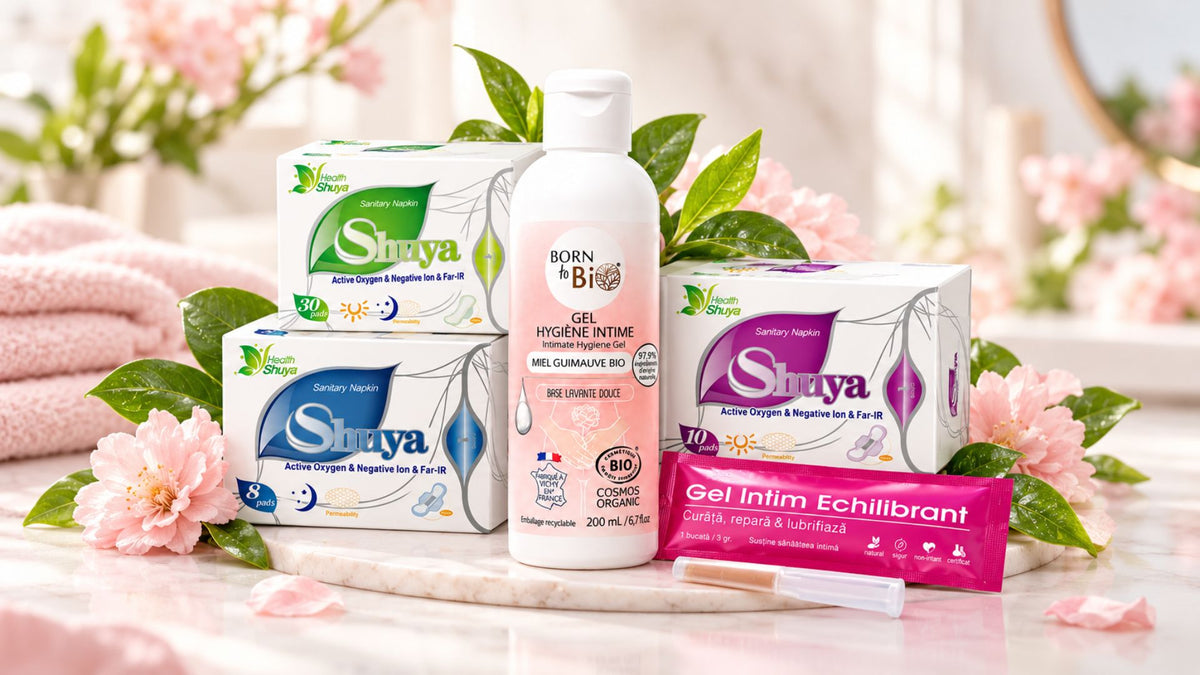 Produse pentru igienă intimă EDERA – absorbante Shuya, gel intim echilibrant și gel de igienă intimă Born to Bio.