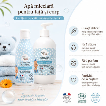 Apă micelară bio pentru bebeluși, fără parfum și fără clătire, potrivită de la naștere