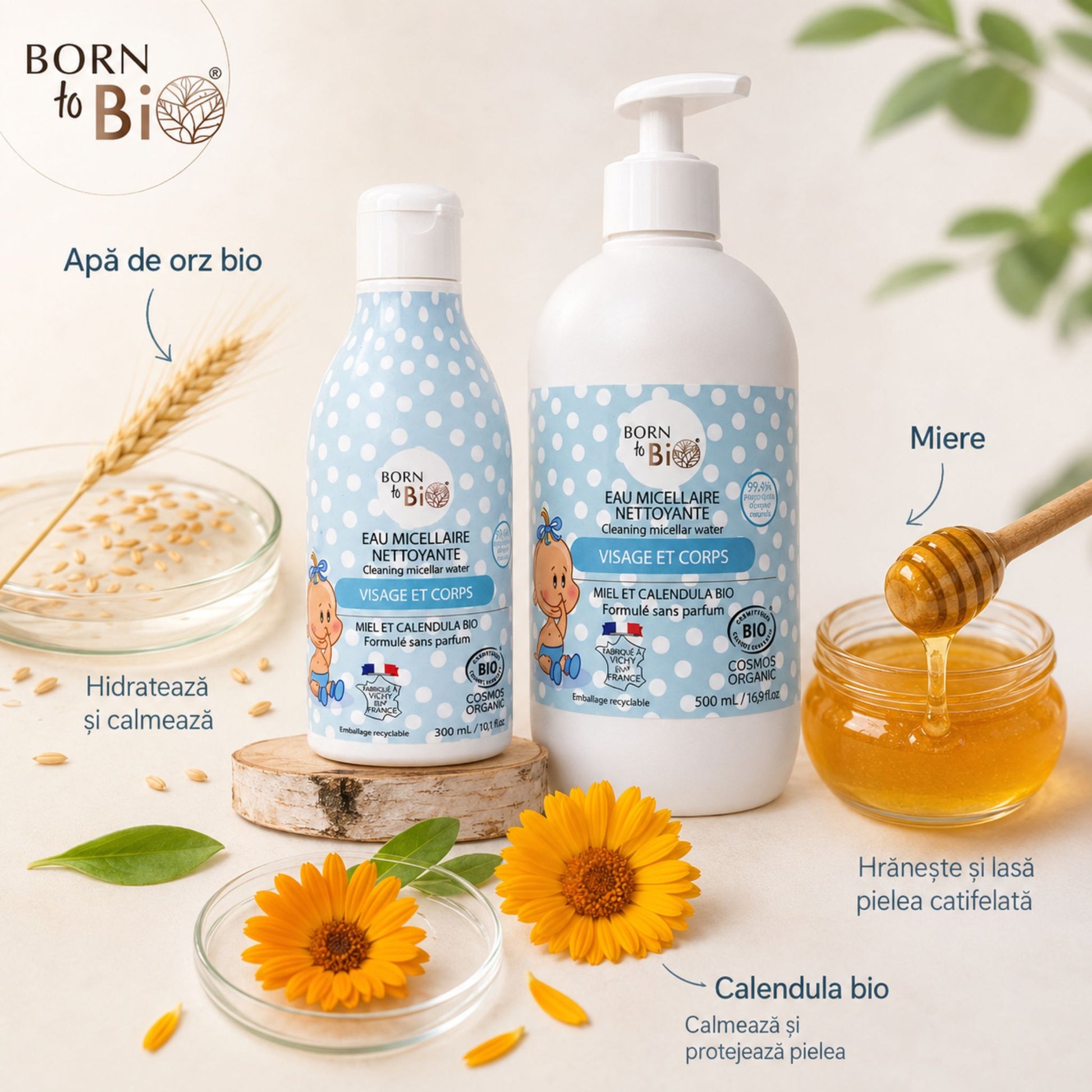 Apă micelară bio pentru bebeluși cu apă de orz bio, calendula bio și miere