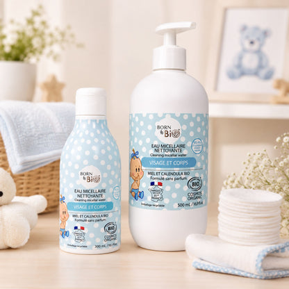 Apă micelară bio Born to Bio pentru bebeluși în ambient delicat de îngrijire