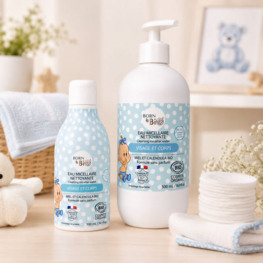 Apă micelară bio Born to Bio pentru bebeluși în ambient delicat de îngrijire