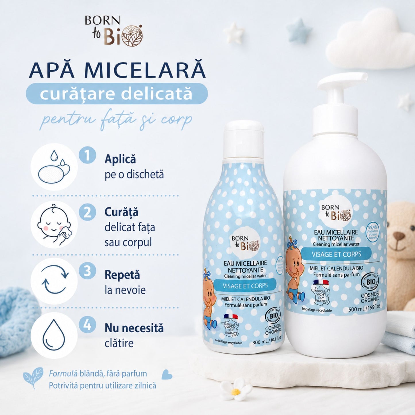 Mod de utilizare apă micelară bio pentru bebeluși, față și corp, fără clătire