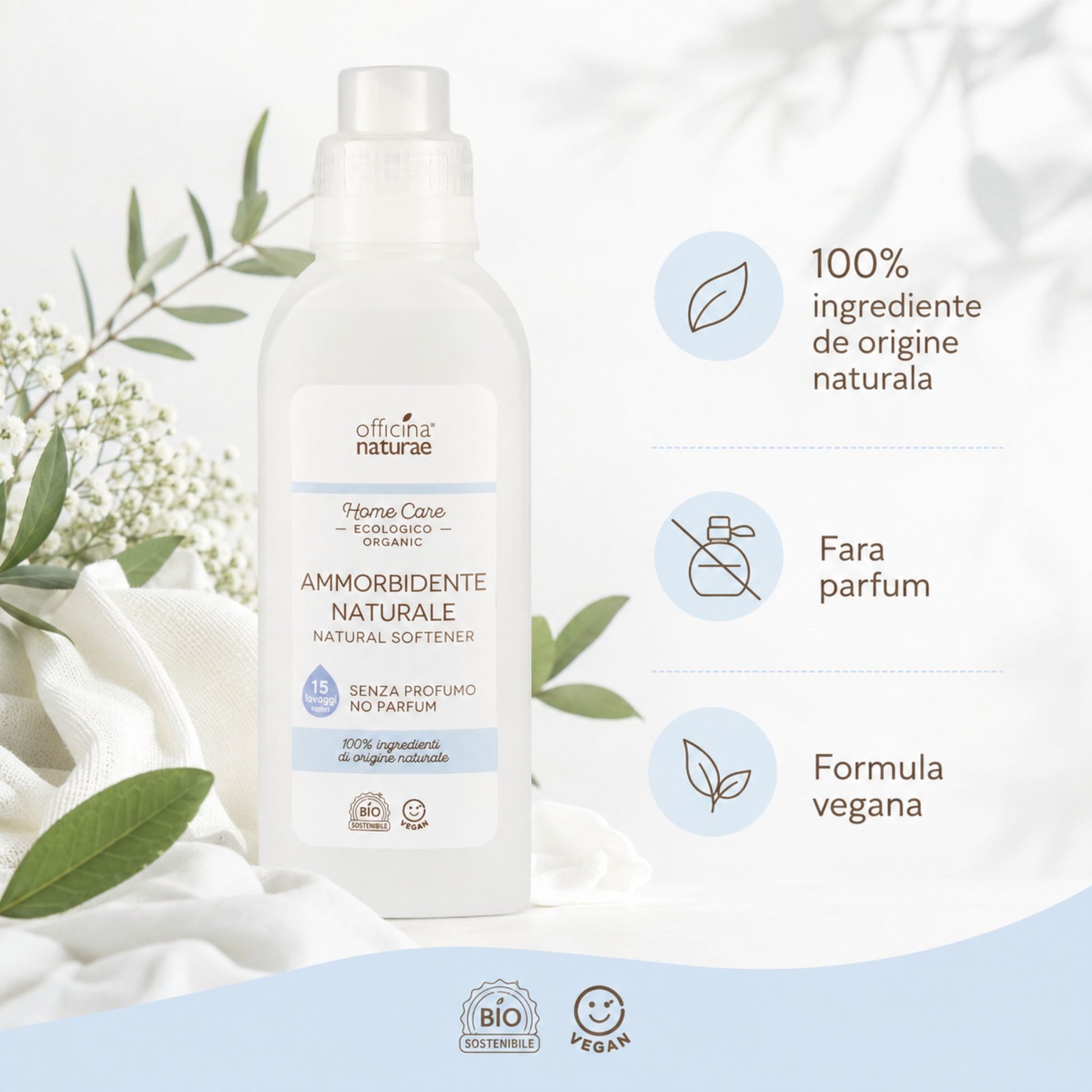 Balsam pentru rufe cu 100% ingrediente de origine naturală, fără parfum și formulă vegană
