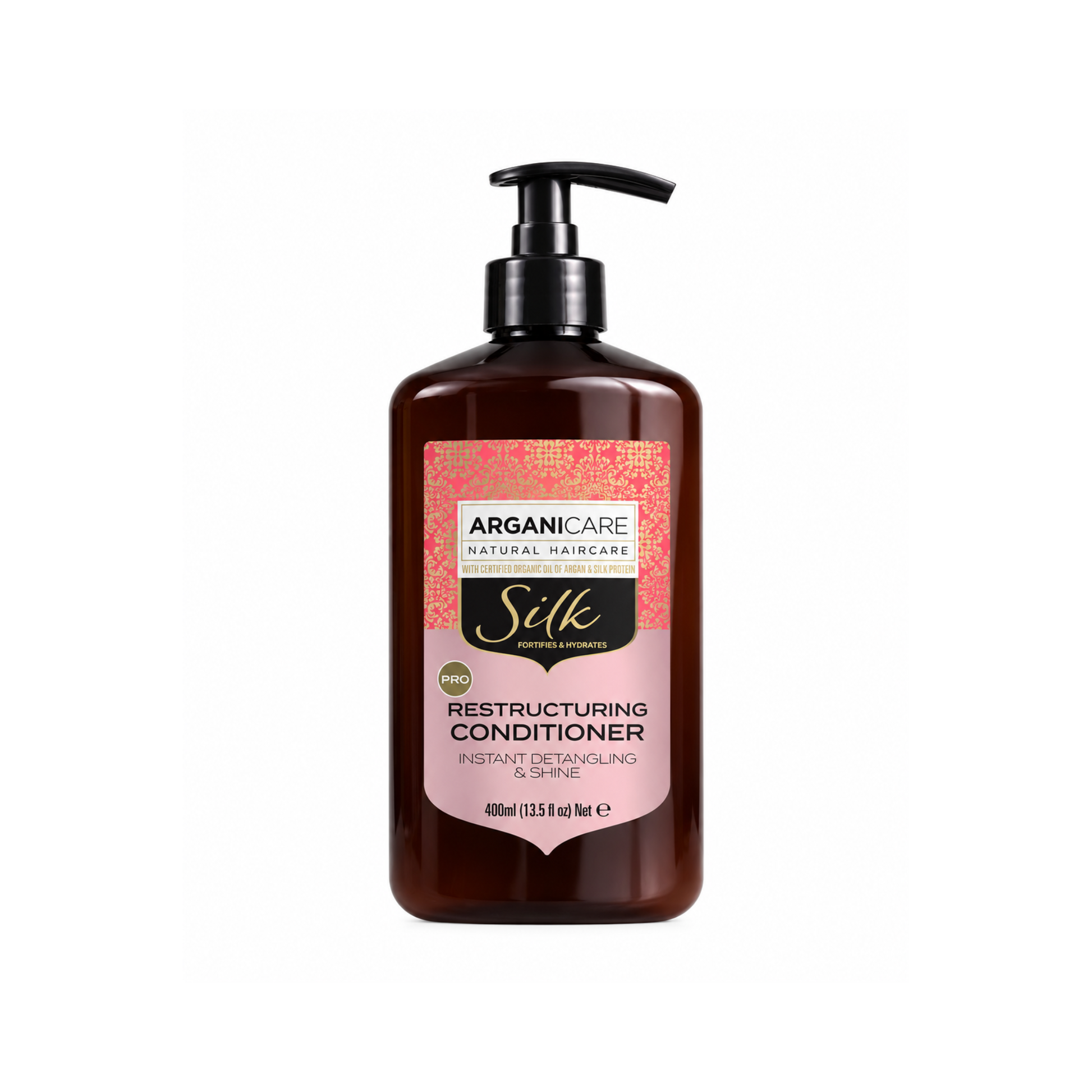 Balsam Silk ARGANICARE pentru strălucire, netezire și descurcare, 400 ml, pe fundal alb