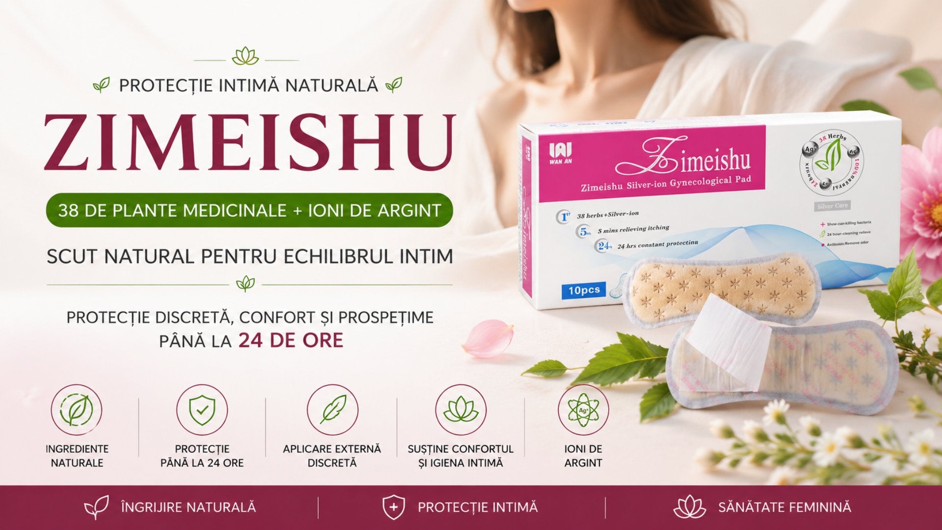 Zimeishu tampon cu aplicare externa, 38 de plante medicinale si ioni de argint pentru protectie intima zilnica, confort si echilibru feminin