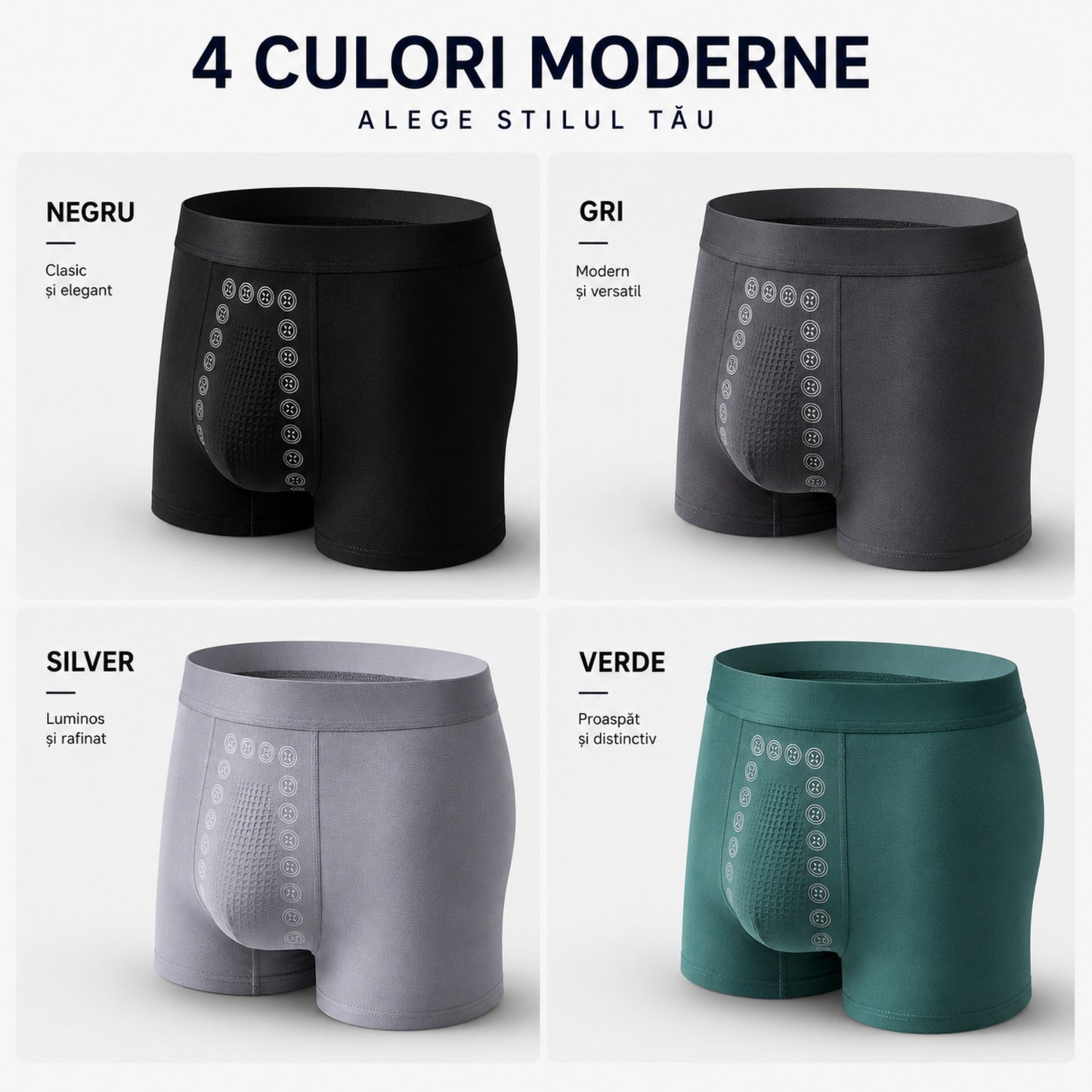 Boxeri din modal disponibili în negru, gri, silver și verde
