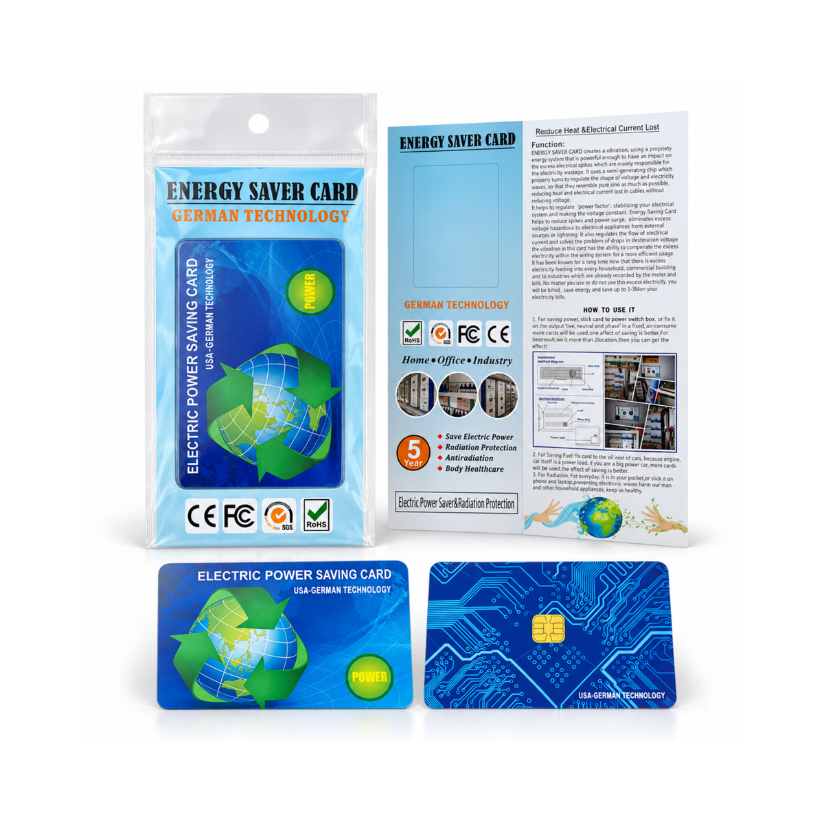 Card economizator de energie electrică în ambalaj de prezentare, pe fundal alb