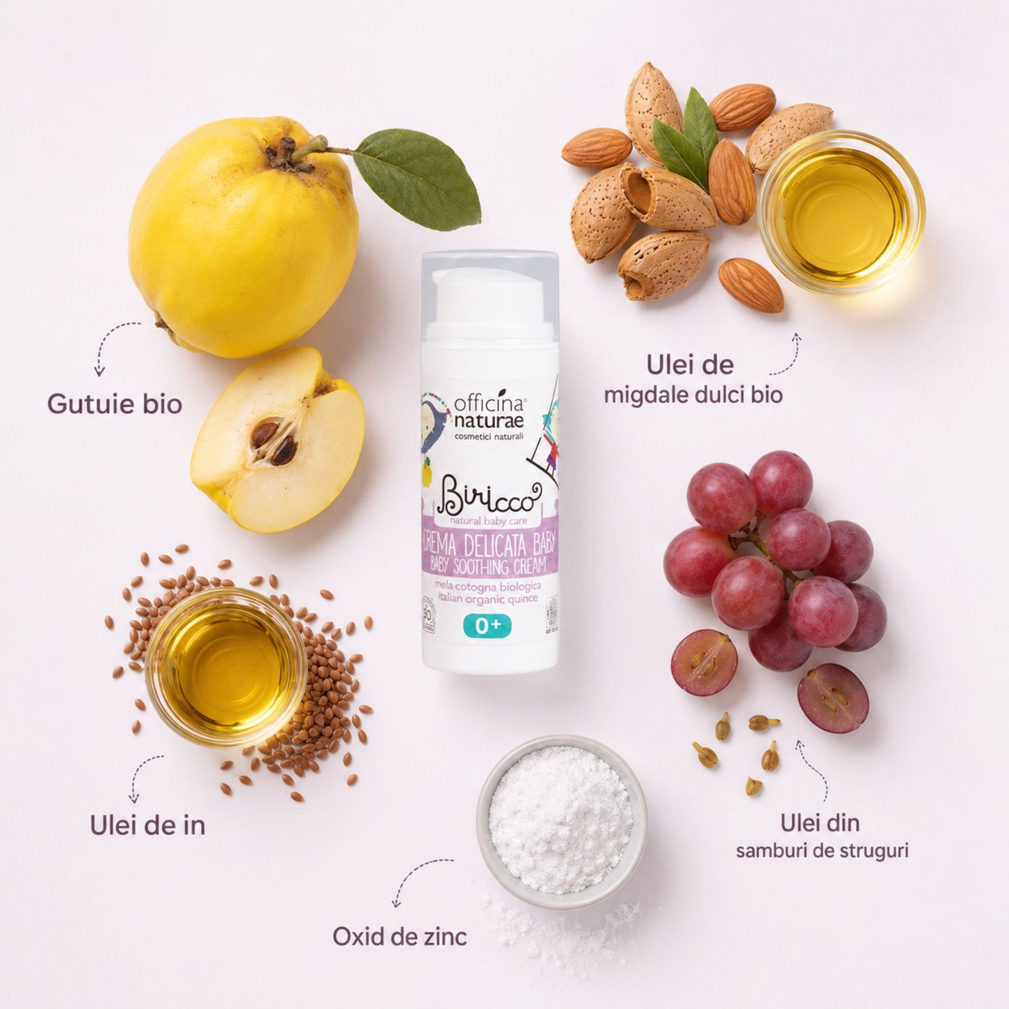 Cremă calmantă pentru bebeluși cu gutuie bio, ulei de migdale dulci, ulei de in, ulei din sâmburi de struguri și oxid de zinc
