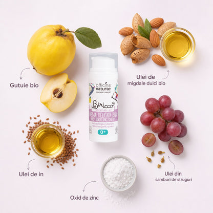Cremă calmantă pentru bebeluși cu gutuie bio, ulei de migdale dulci, ulei de in, ulei din sâmburi de struguri și oxid de zinc