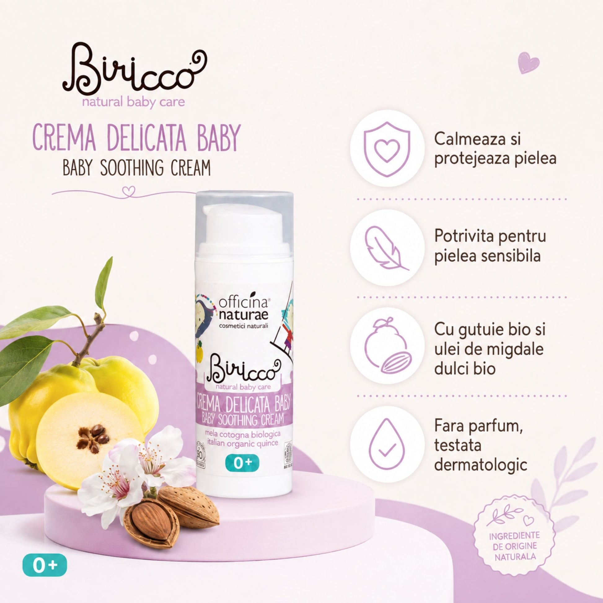 Cremă naturală calmantă pentru bebeluși, protectoare, fără parfum și potrivită pentru pielea sensibilă