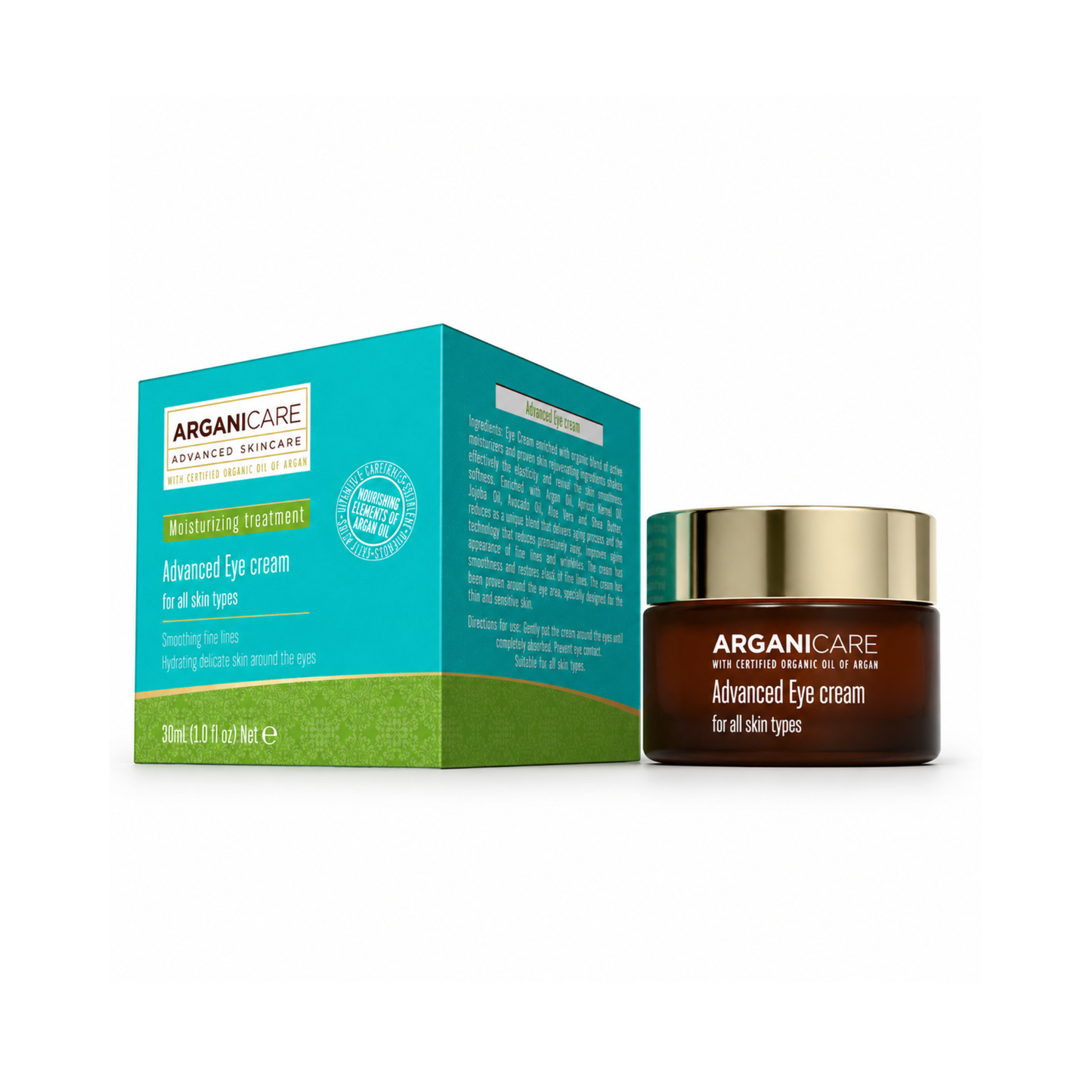 Cremă contur ochi anti-rid ARGANICARE 30 ml cu ulei de argan, prezentată alături de cutie
