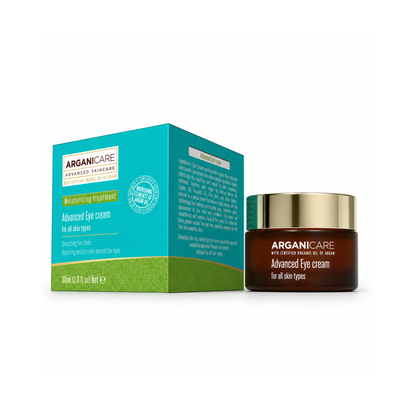 Cremă contur ochi anti-rid ARGANICARE 30 ml cu ulei de argan, prezentată alături de cutie