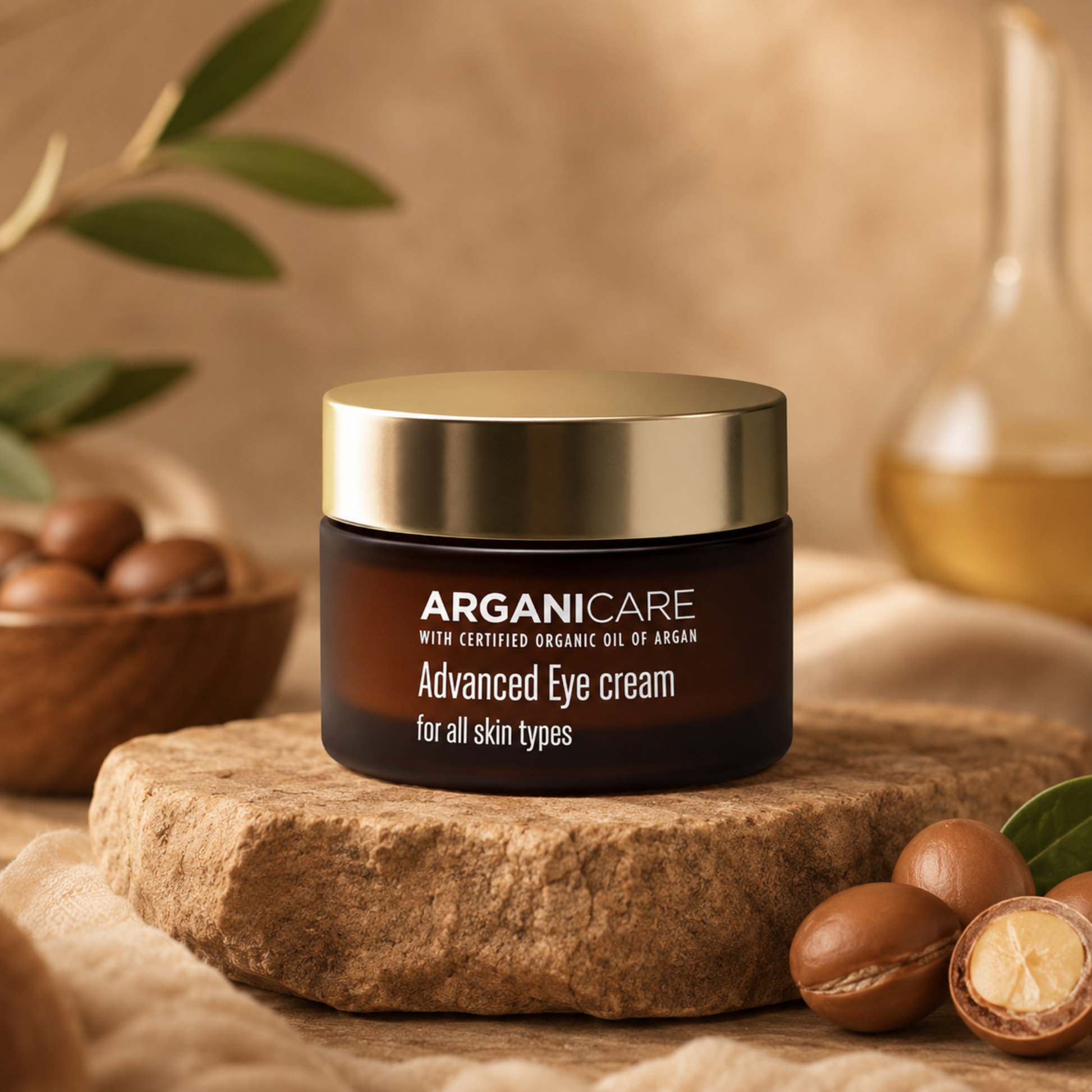 Cremă contur ochi anti-rid ARGANICARE 30 ml într-un decor lifestyle cu ulei de argan