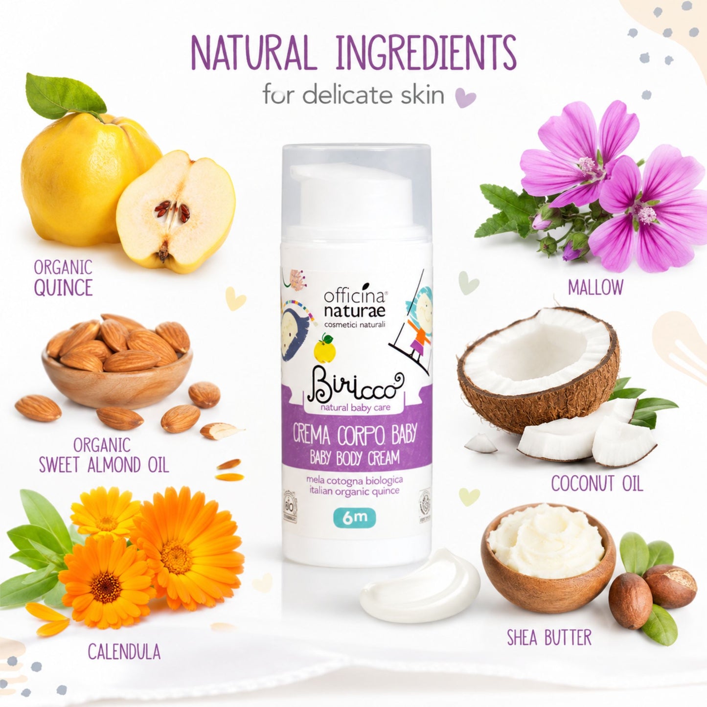 Cremă de corp pentru copii cu gutuie bio, ulei de migdale dulci, gălbenele, nalbă, cocos și unt de shea