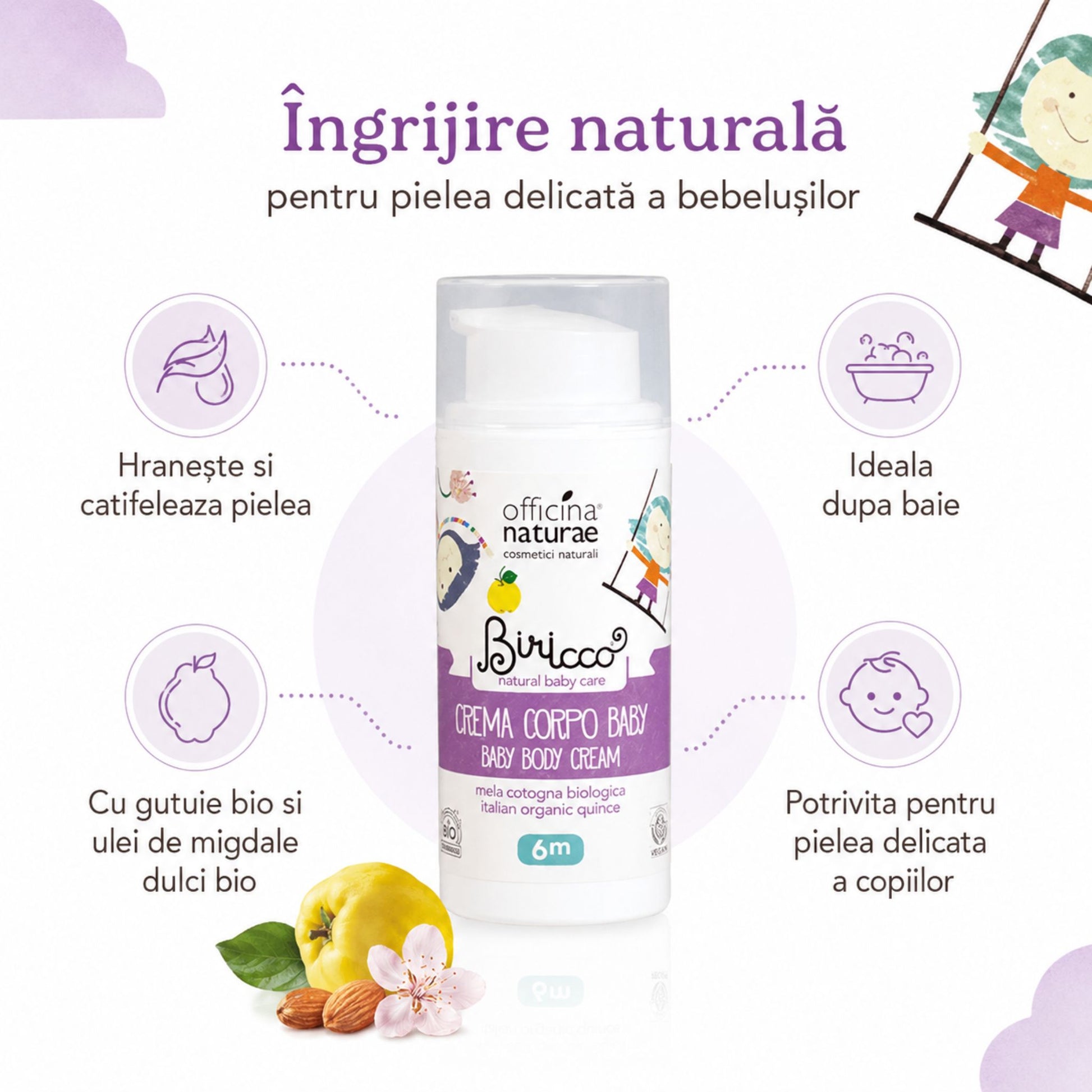 Cremă de corp naturală pentru copii, hrănitoare, emolientă și potrivită pentru pielea delicată