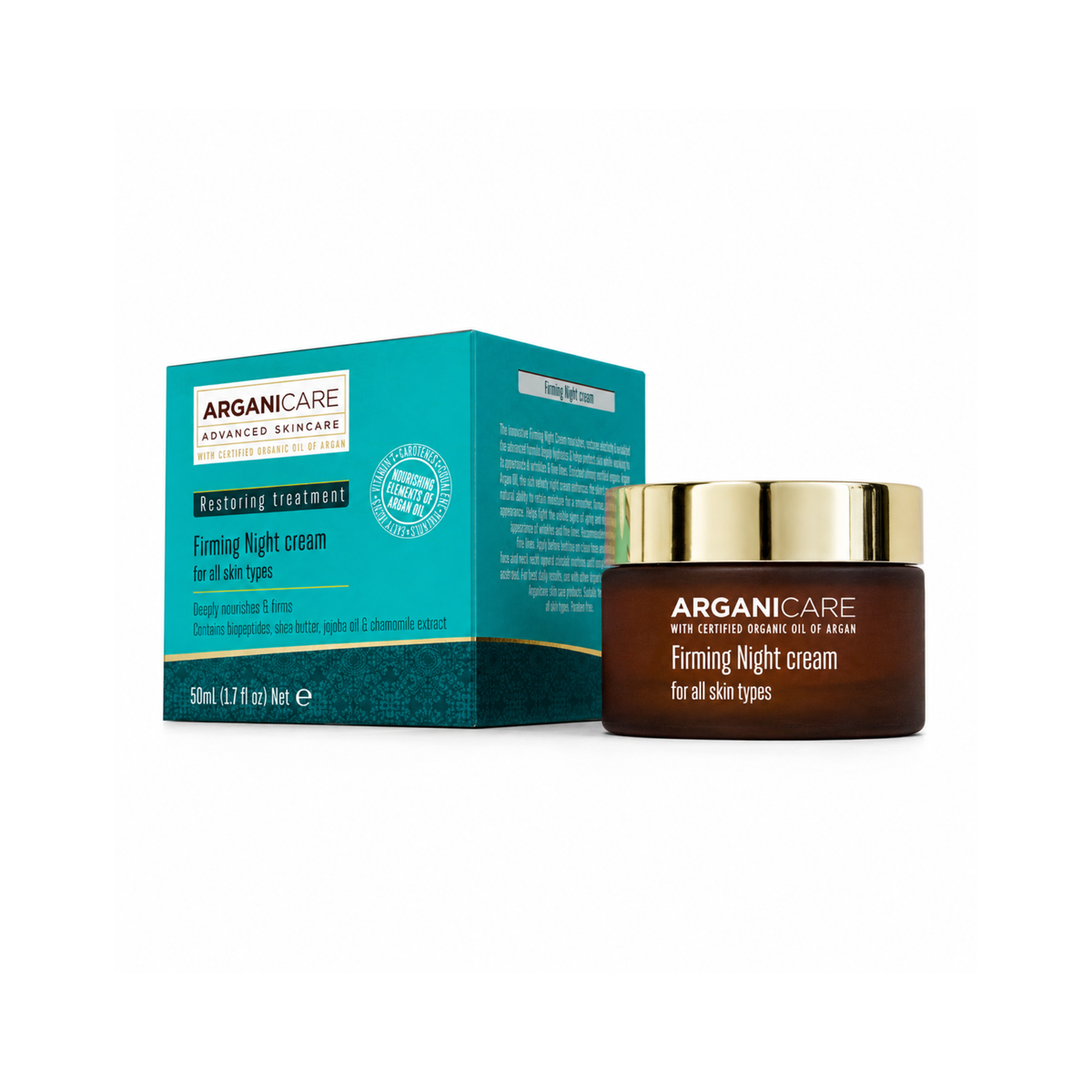Cremă de noapte fermitate și anti-rid ARGANICARE 50 ml cu ulei de argan, prezentată alături de cutie