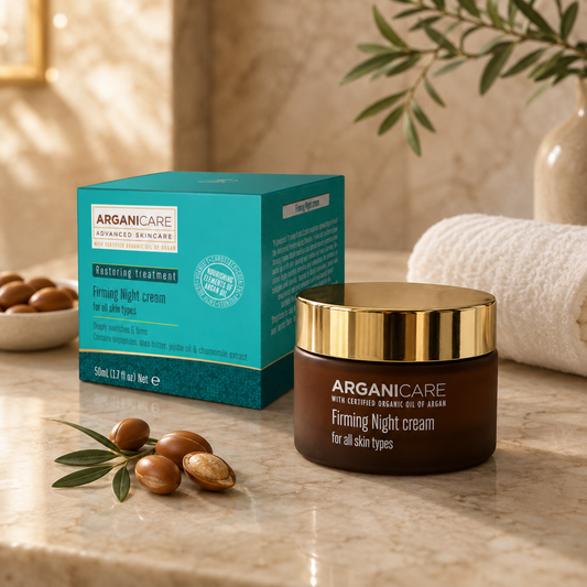Cremă de noapte fermitate și anti-rid ARGANICARE 50 ml într-un decor lifestyle cu argan