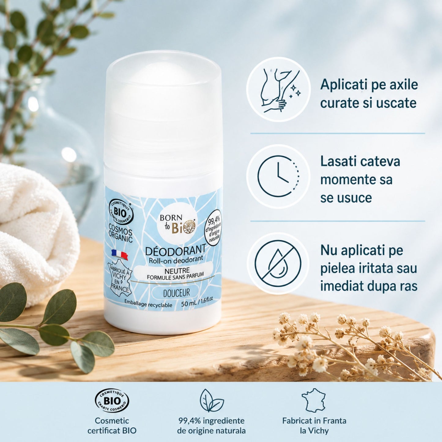 Deodorant bio fără parfum - mod de utilizare pe axile curate și uscate