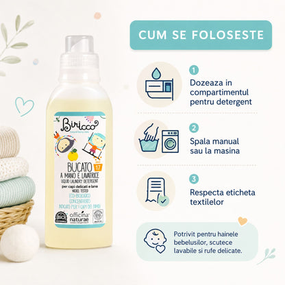 Detergent lichid bio pentru hainele bebelușilor - mod de utilizare la mașină sau spălare manuală