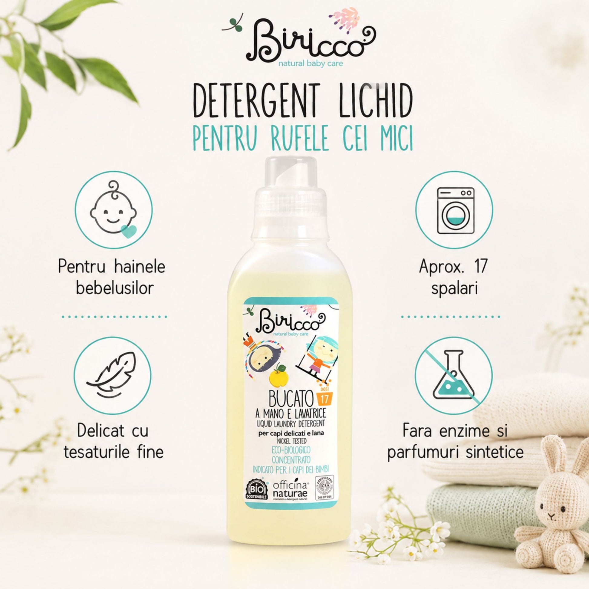Detergent lichid bio pentru hainele bebelușilor, rufe delicate și aproximativ 17 spălări, fără enzime și parfumuri sintetice