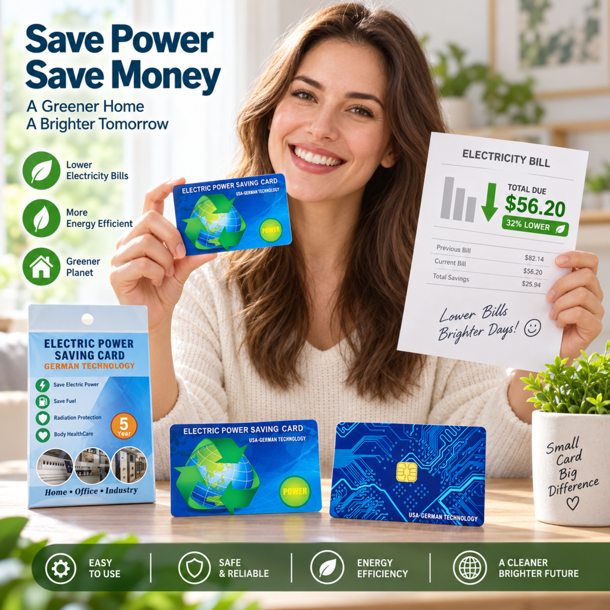 Persoană ținând cardul economizator de energie și o factură redusă la energie electrică