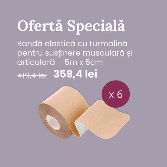 Bandă elastică cu turmalină pentru susținere musculară și articulară – 5m x 5cm