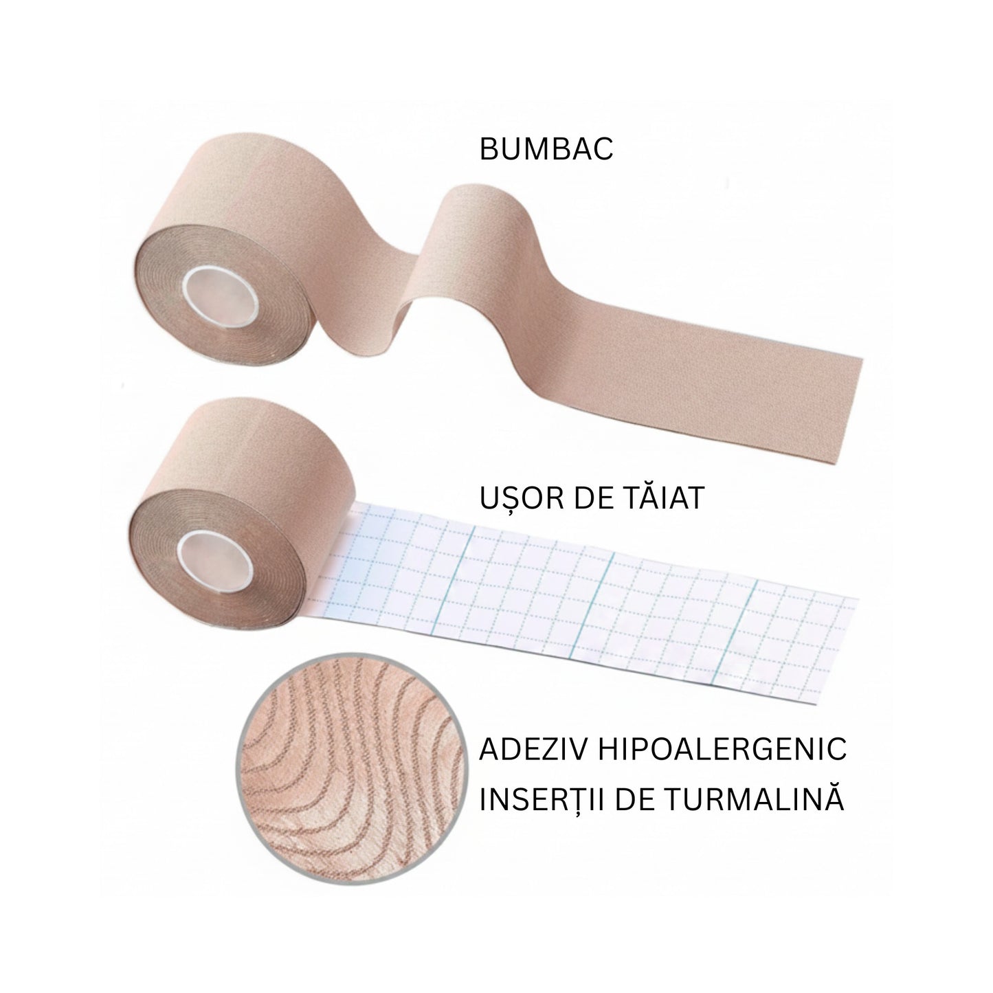 Bandă elastică cu turmalină pentru susținere musculară și articulară – 5m x 5cm