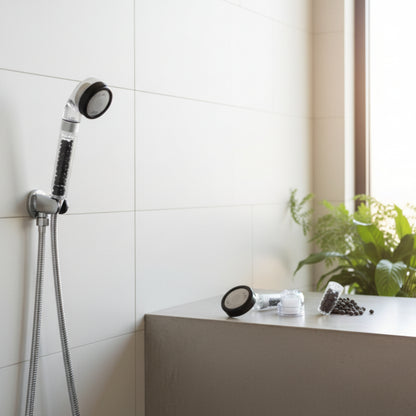 Eco Duș Irisana, componente: ceramici, filtru, disc cu micropori.