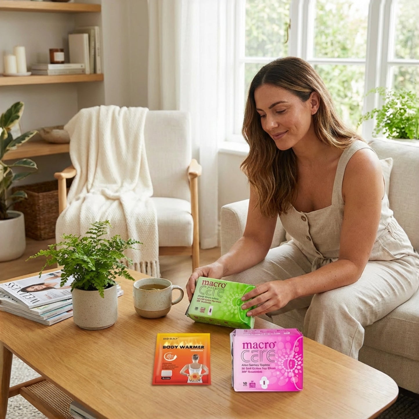 Pachet intim confort menstrual pentru sustinere in perioada sensibila a menstruatiei la femei, absorbante macro care de zi, zilnice si plature cald.