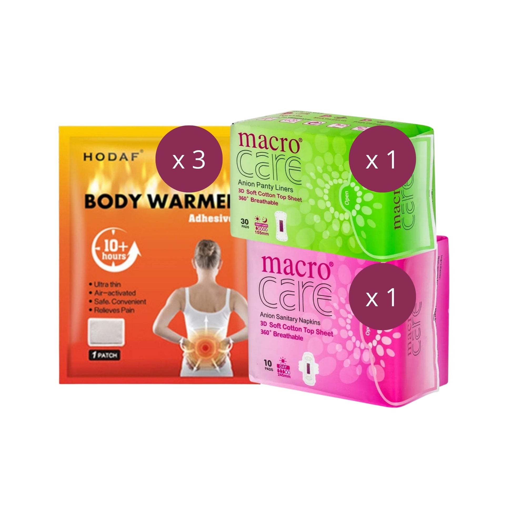 Pachet intim ciclu menstrual pentru sustinere si confort in perioada sensibila cu absorbante macro care de zi, zilnice si plasture cald.