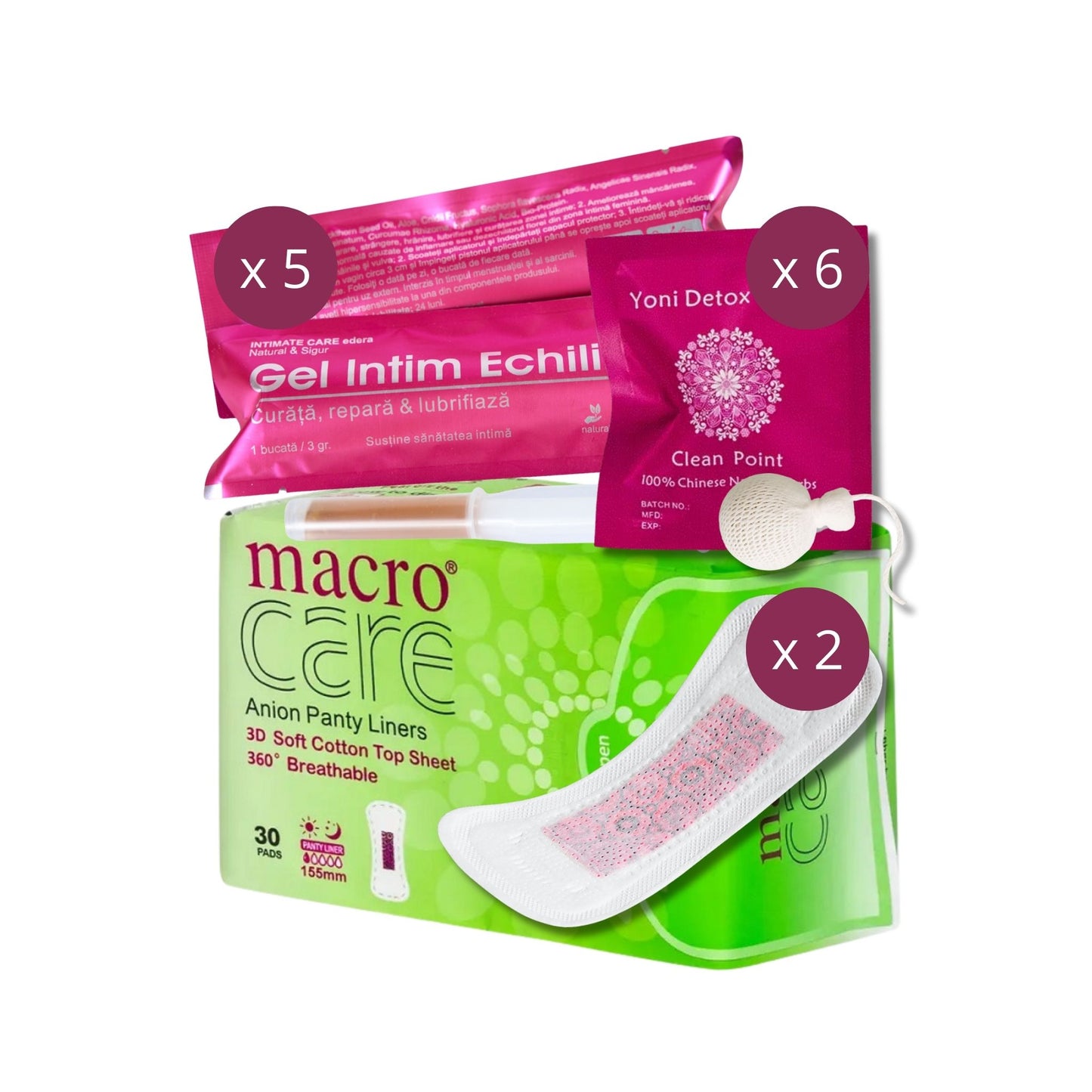 Pachet intim intensiv detox cu tampon intim detoxifiant, gel intim echilibrant si absorbante macro care zilnice pentru cura intensiva.