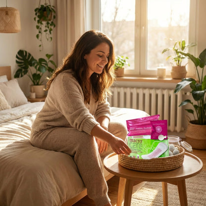 Pachet Intim Start EDERA cu tampon detoxifiant, gel intim echilibrant și absorbante Macro Care într-un moment de îngrijire personală feminină.