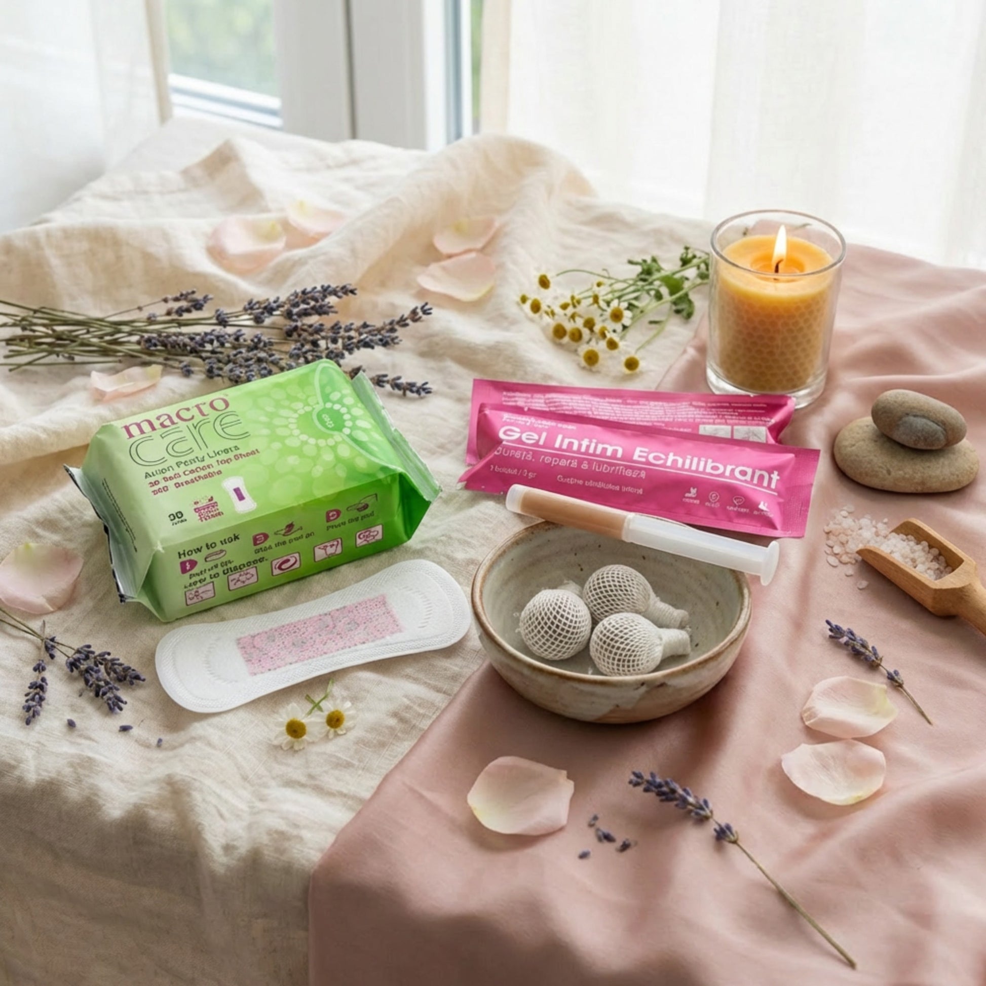 Pachet intim start detox cu tampon intim detoxifiant, gel intim echilibrant si absorbante macro care zilnice pentru echilibru natural feminin.
