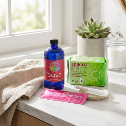 Pachet intim suport menopauza cu solutie nanocoloidala bliss, gel intim echilibrant si absorbante cu banda anion.