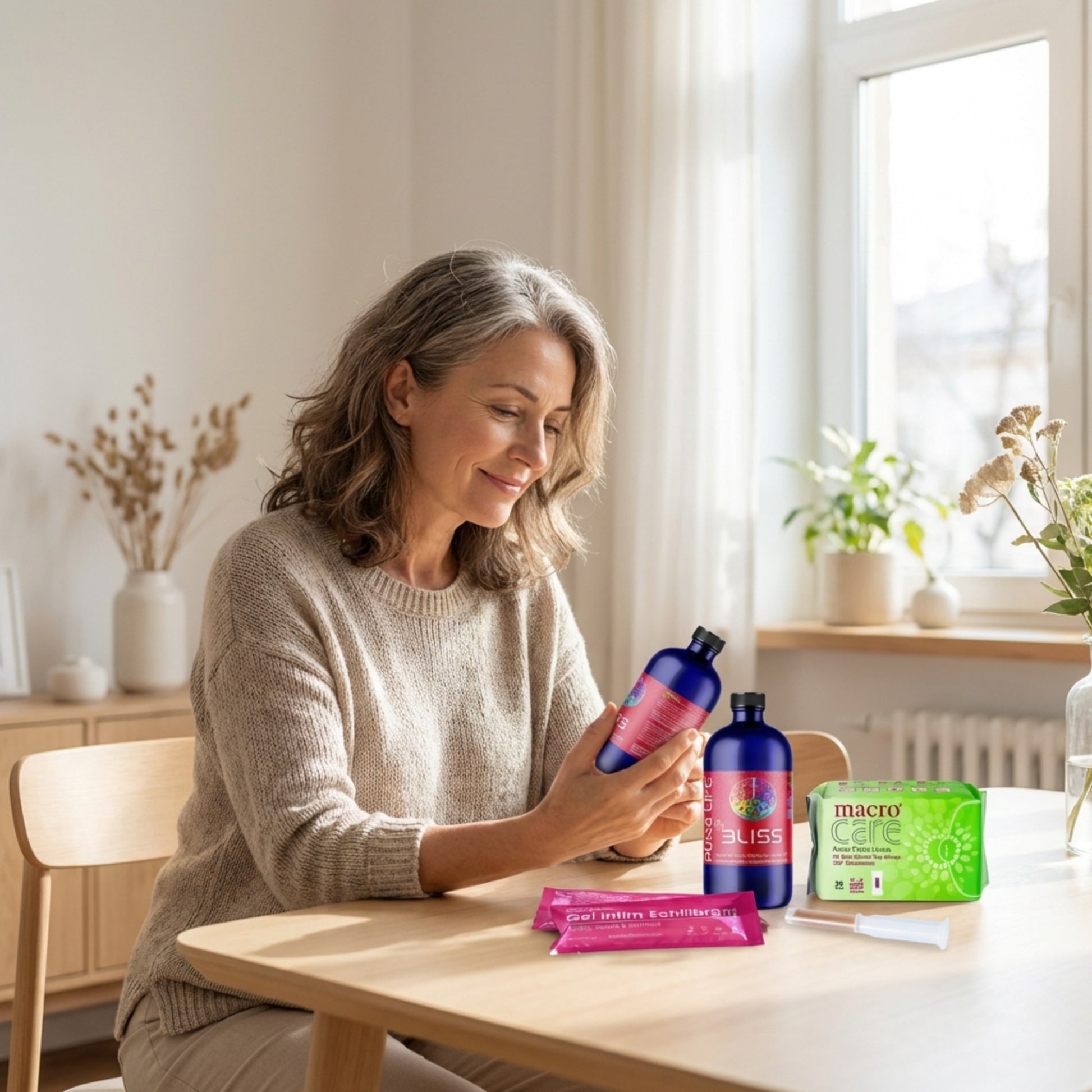 Pachet intim suport menopauza pentru confort si stare de bine cu solutie nanocoloidala bliss, gel intim echilibrant si absorbante macro care zilnice cu banda anion.