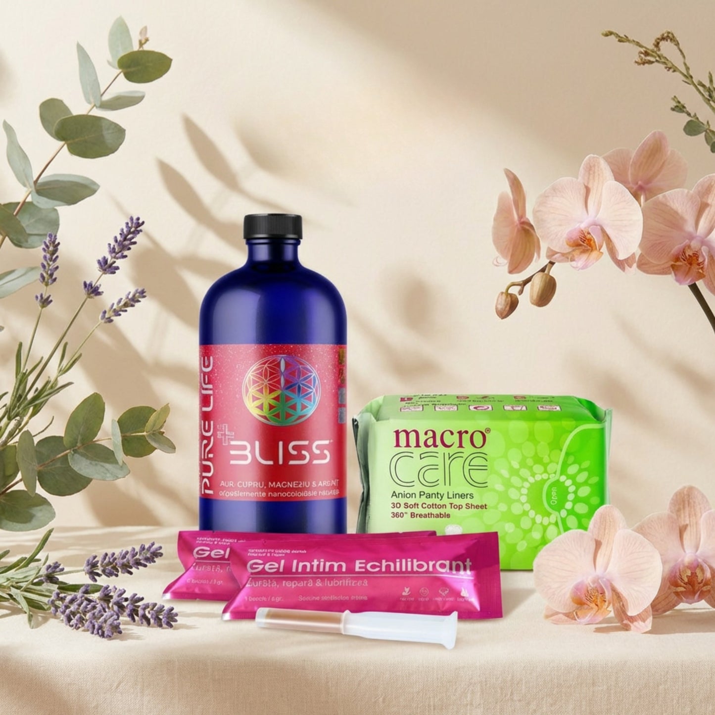 Pachet intim suport menopauza, sustinere naturala in perioada menopauzei cu solutie nanocoloidala bliss, gel intim echilibrant si absorbante macro care cu banda anion.