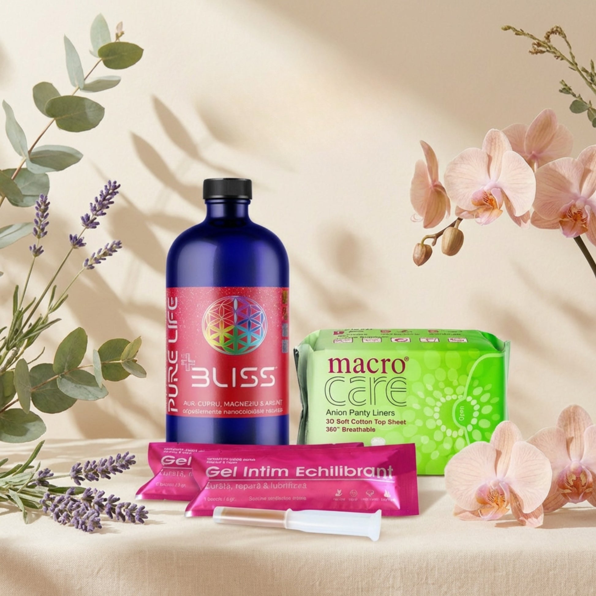 Pachet intim suport menopauza, sustinere naturala in perioada menopauzei cu solutie nanocoloidala bliss, gel intim echilibrant si absorbante macro care cu banda anion.
